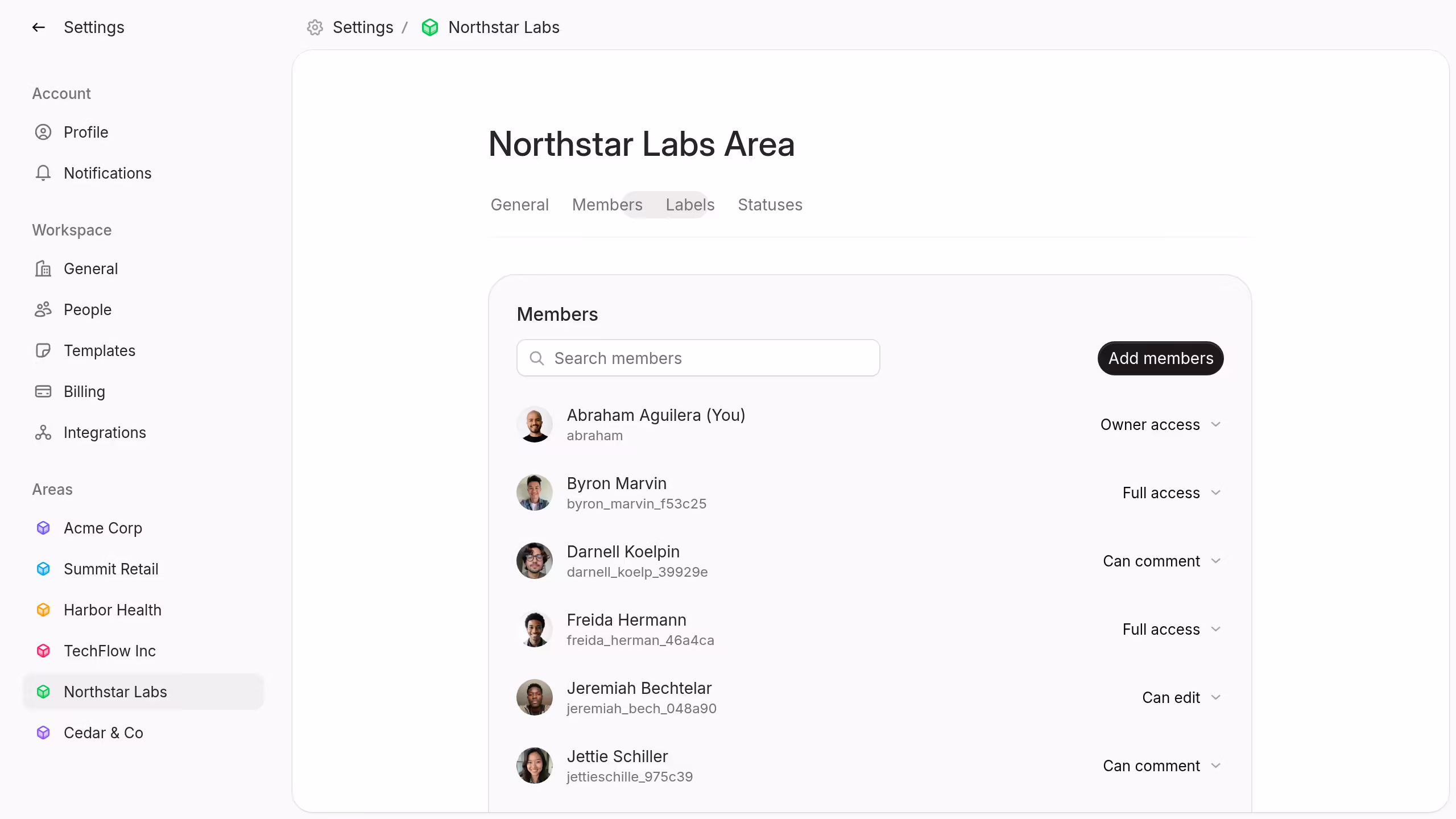 Area members and access levels