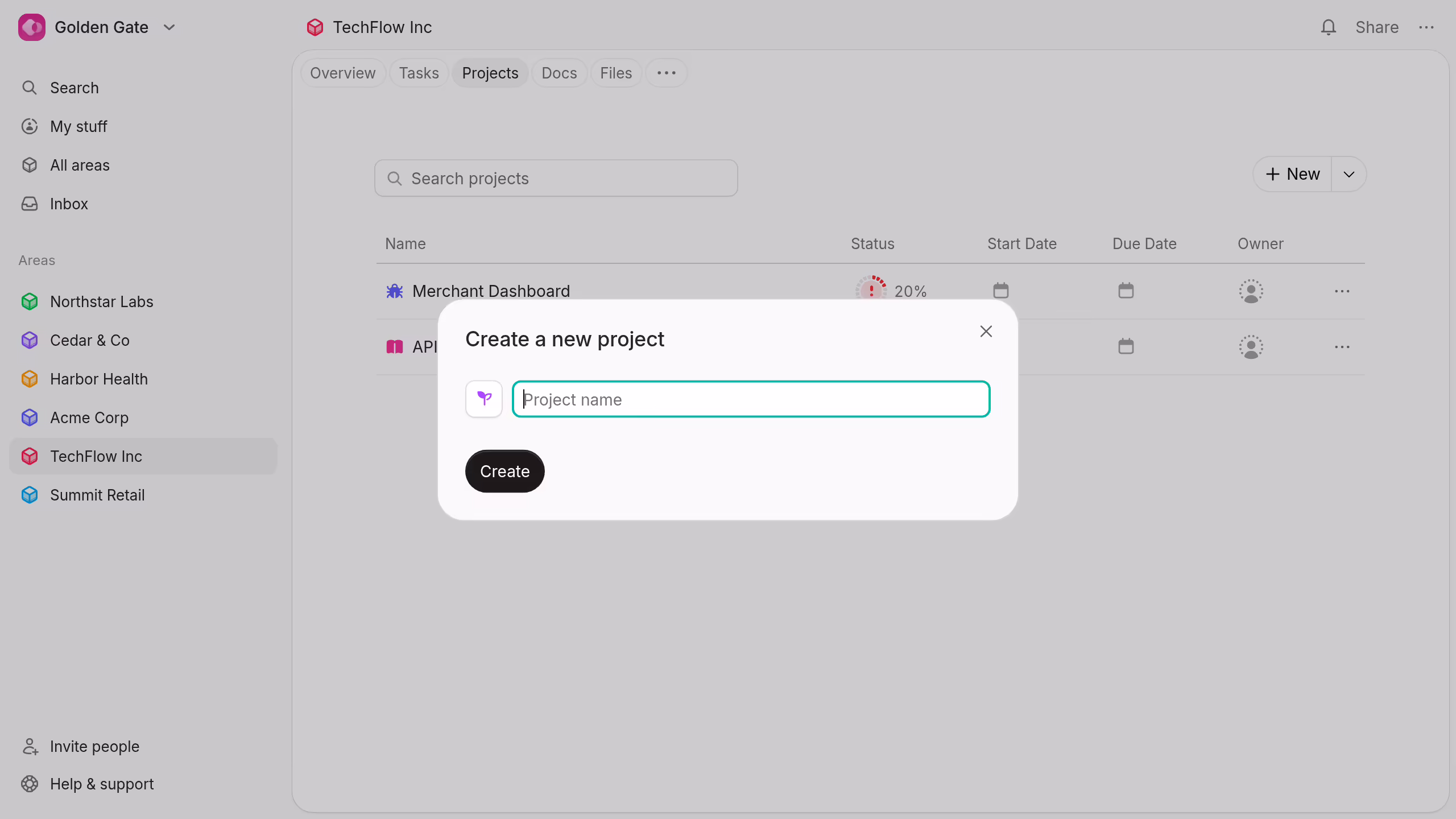 The new project dialog