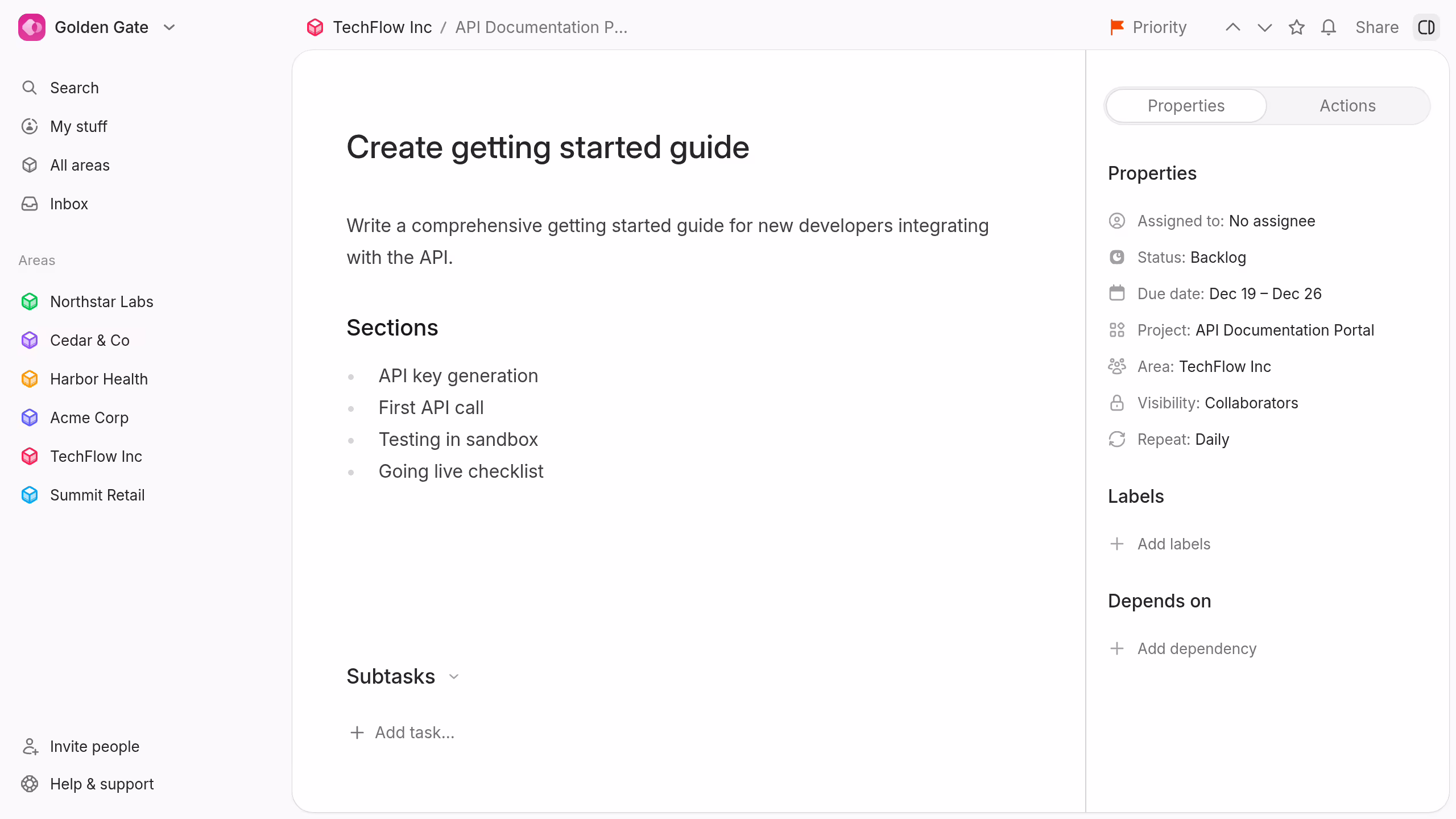 A task with its description, updates, and properties