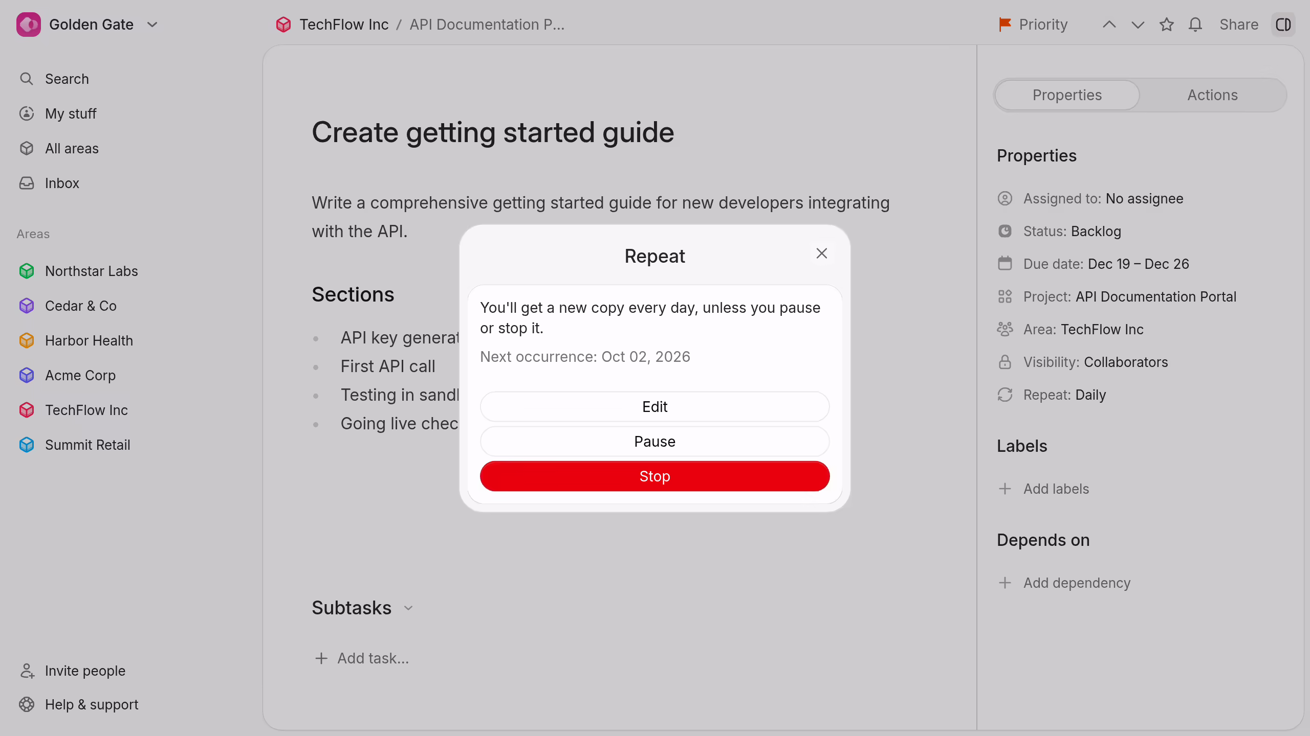 A saved repeat schedule with its management controls