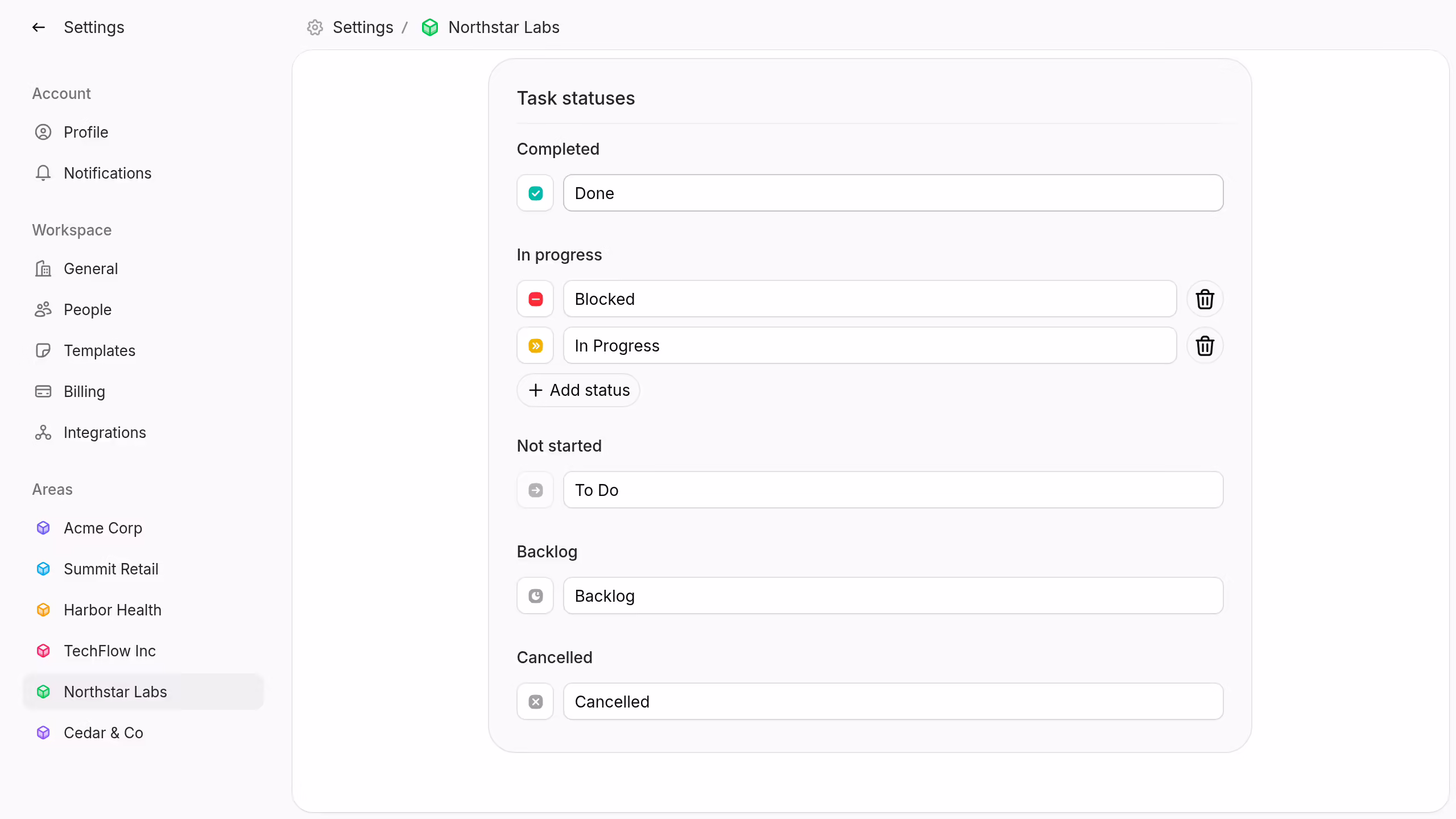 Area task status settings